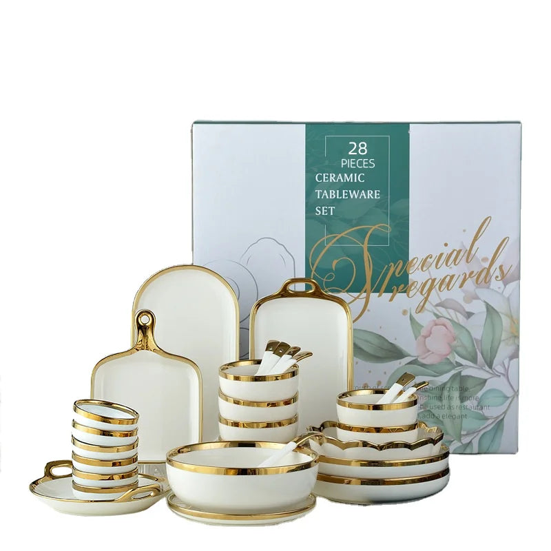 Luxury White Ceramic Dinnerware Sets for 6 28PCS with Gold Rim for Weddings Includes Dish Plate Bowls Baking Tray in Gift Box