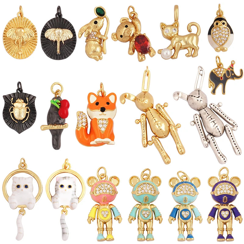 Fine Bird Cat Rabbit Owl Fox Animal Charm PendantUnique Bear Elephant 18K Gold Zircon Necklace Bracelet for Jewelry Supply L43