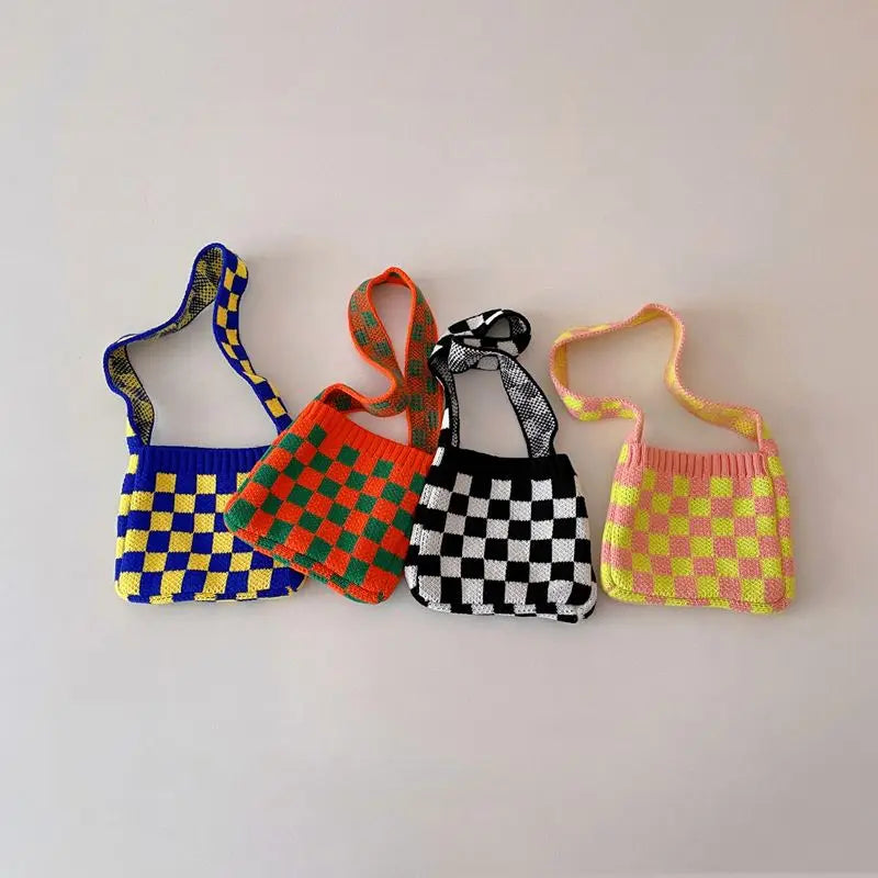 Bag Autumn and Winter Baby Outing Two-color Grid Mosaic Woolen Knitted Bag for Children