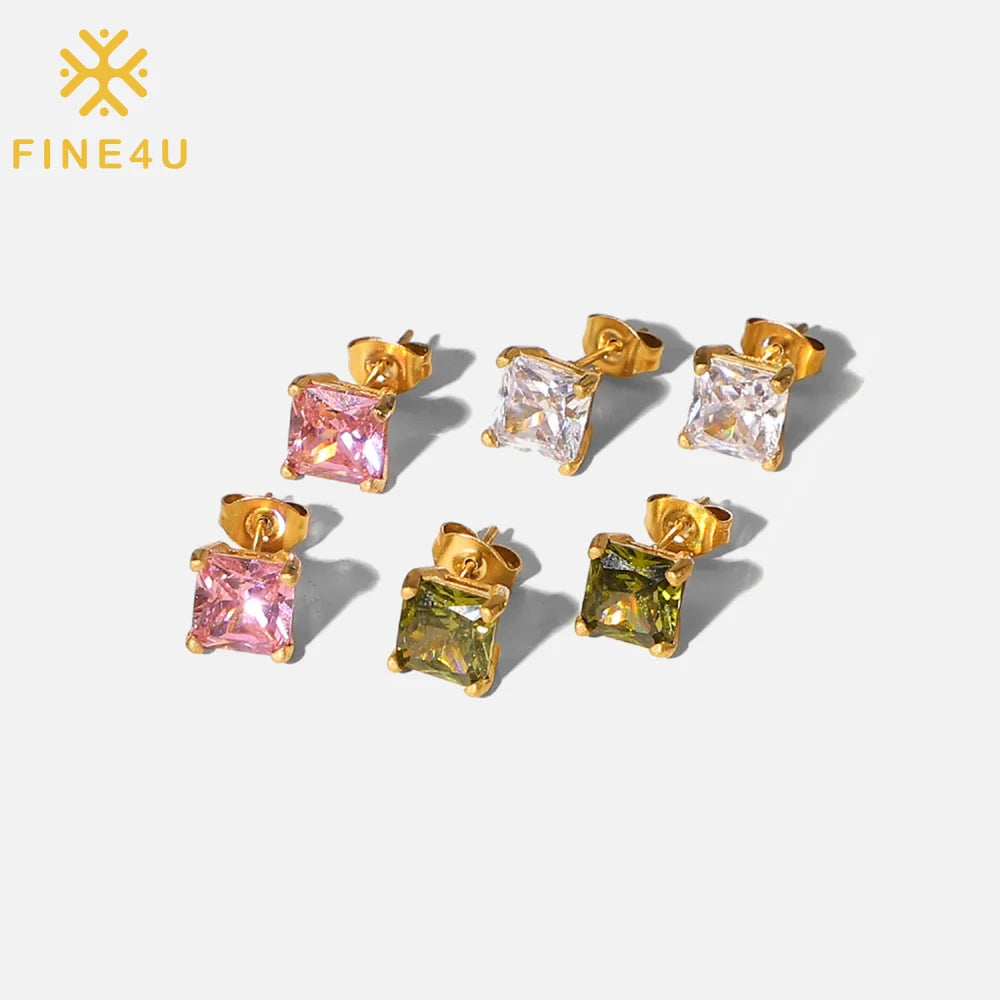 Simple Dainty Cz Jewelry Stainless Steel Cubic Zirconia 18K Gold Plated Fashion Stud Earrings for Women