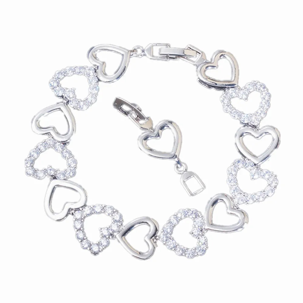 Silver Plated Copper Hollow Out Heart Shape Design Linked Chain Bracelet for Women Cubic Zirconia Jewelry CZ Costume Accessories