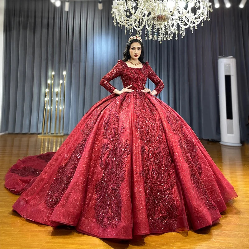 Jancember NS4499 Sparkly Red Sequence Long Sleeve Ball Gown Evening Party Dress for Women