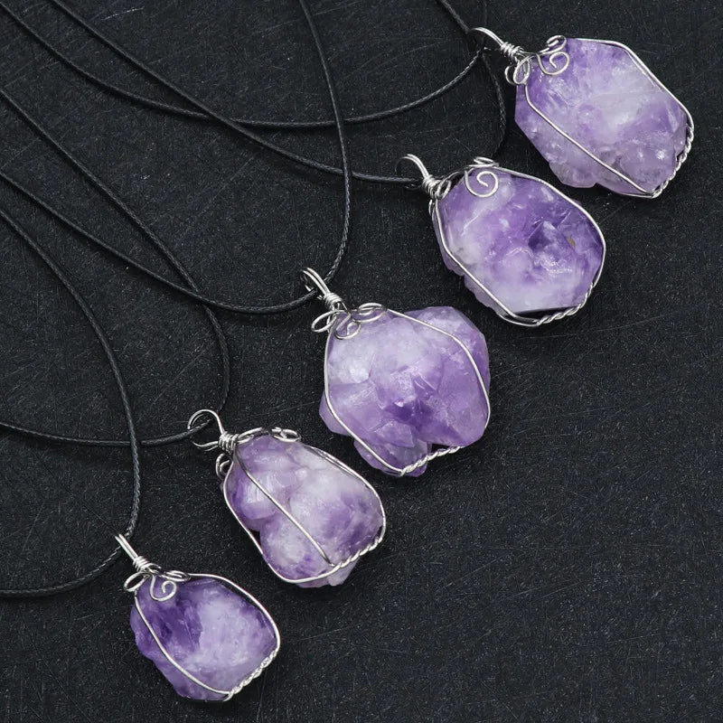 Huiying Real Stone Natural Amethyst Quartz Pendant Charms Crystal Sliver Wrapped Pendants Raw Stones for Jewelry Making Jewelry