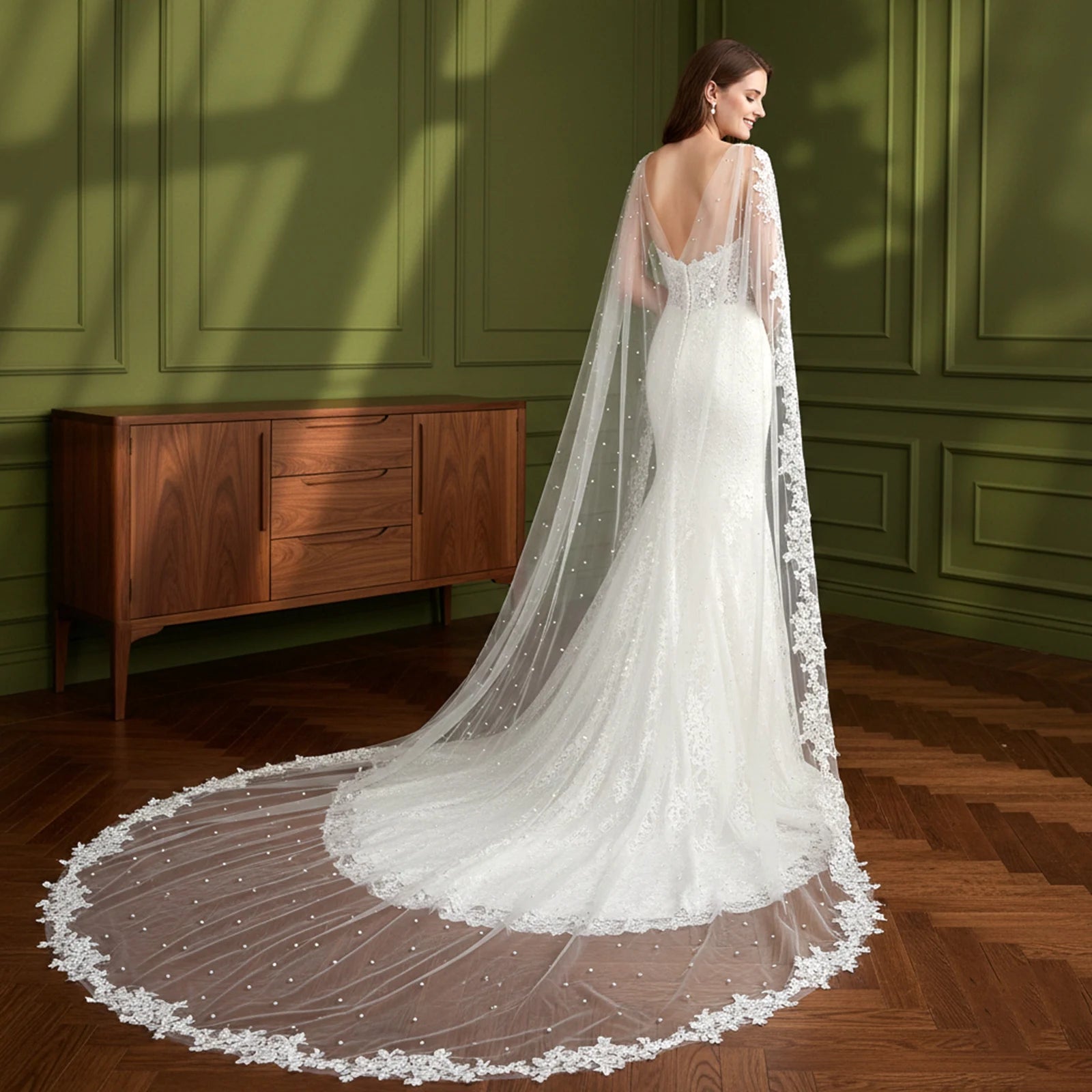 YouLaPan VG59 Elegant Woman Dress Shawl Hand Embroidered Trim Pearl Trailing Long Cape White Black Bridal Wedding Dress Shawl