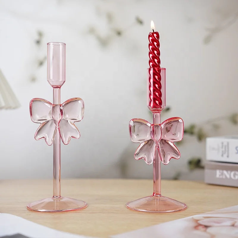 Party Table Taper Candle Stand Wedding Handmade Candlestick Holder Lanterns Home Decor 3D Pink Bowknot Glass Candle Holders