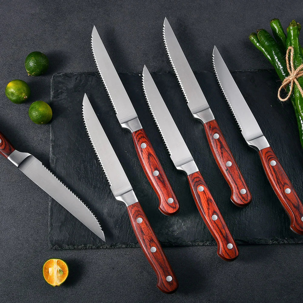 RUITAI RTS 5CR15MOV Design Professional 5 Inch Cutlery Steak Knife Set Full Tang PAKKAWOOD HANDLE in STOCK