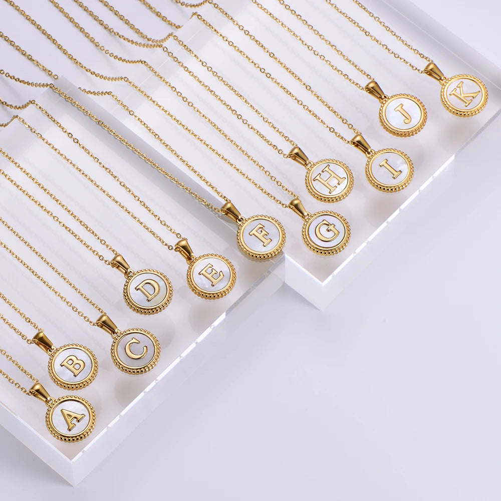 Wholesale Fashion Jewelry Making 26 A-Z Stainless Steel Gold Plated Chain Shell Letter Pendant Necklace Initial