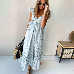 Bulk Clothes Ladies Casual Dresses V Neck Cap Sleeve High Waist Backless Ruffled Floral Printed Maxi Woman Long Dress 2023