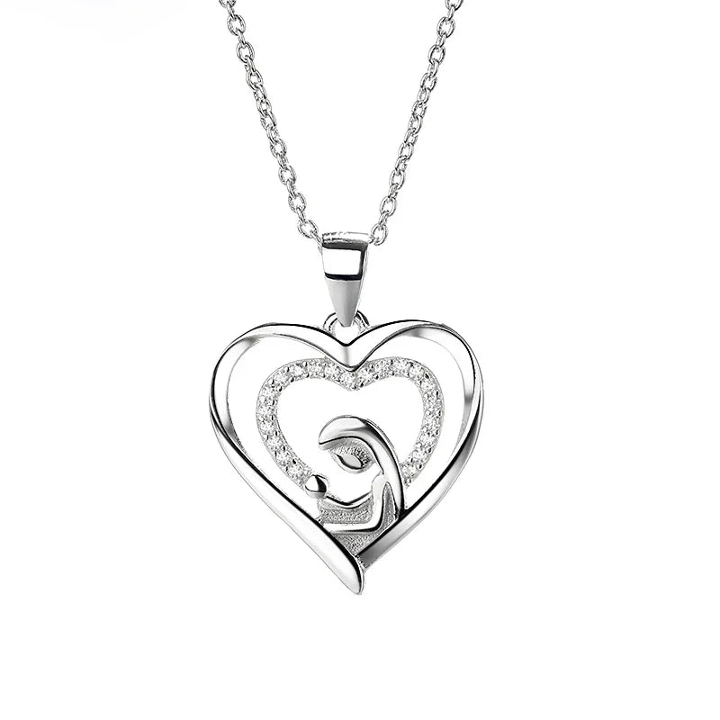 GP46 925 Sterling Silver Family Necklace Double Heart Pendant Meaningful Mom Gift for Mother Holding Her Baby Son Zircon
