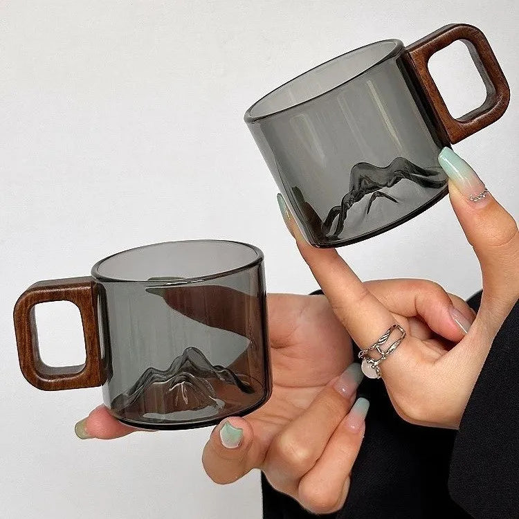 Sustainable Eco Friendly Products 100ml Colored Handmade Glassware Reusable Black Dishwasher Safe Glass Tea Cup With Wood Handle