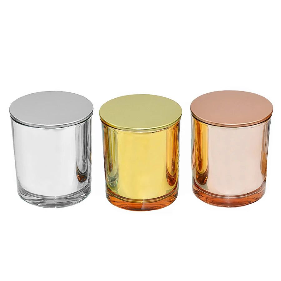 Wholesale Custom Modern Creative Luxury Glass Iridescent Christmas Candle Vessel and Gold Empty Candle Jar with Metal Lid