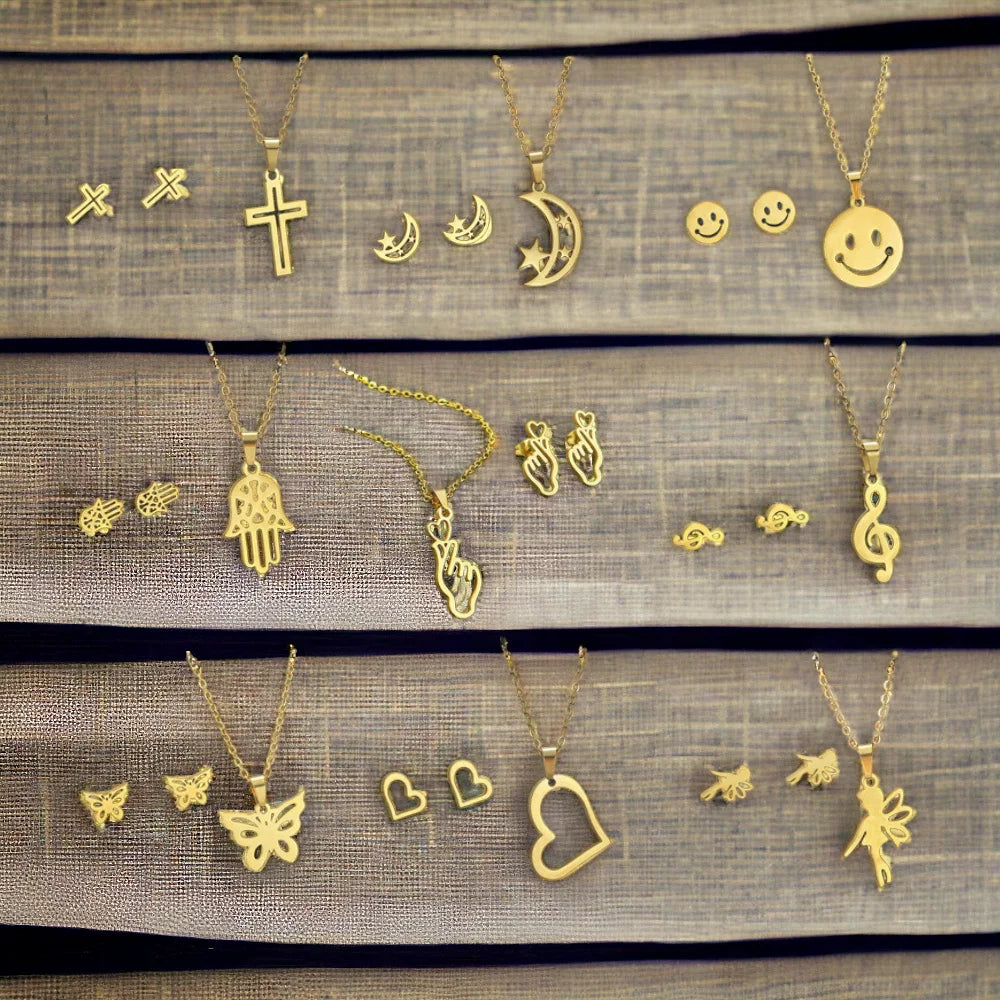 18k Gold Plated Accessoires Bijoux Hasma Hand Cross Butterfly Moon Necklace and Earrings Stainless Steel Jewelry Set for Women