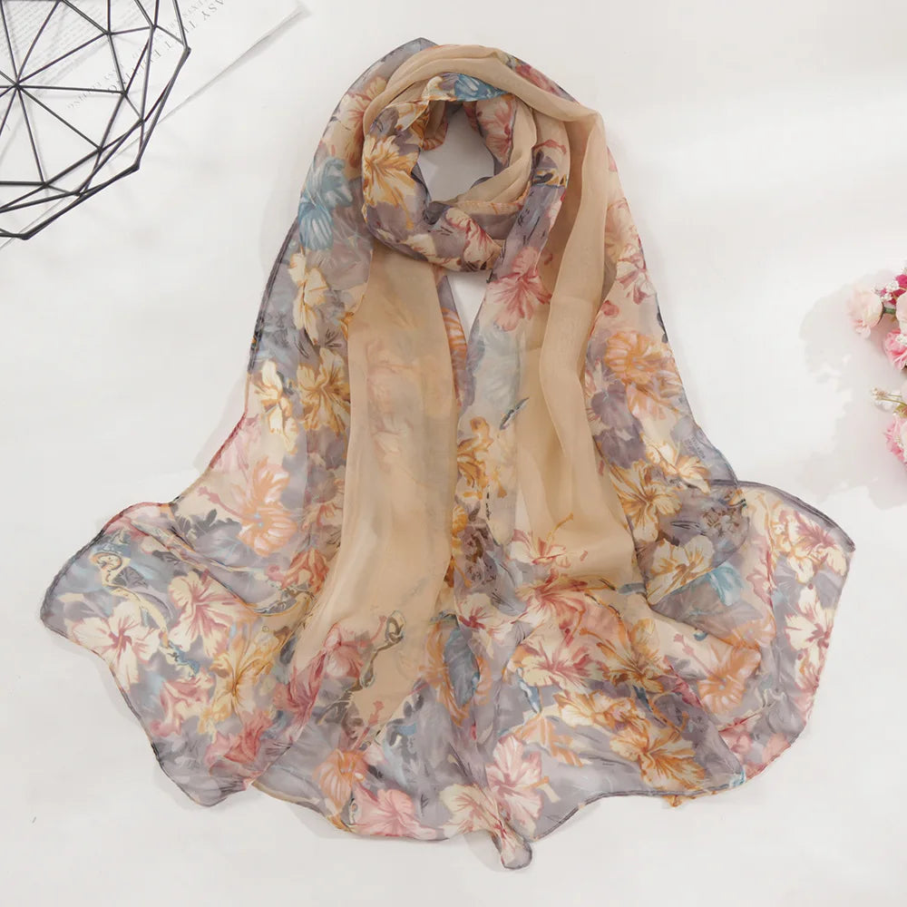 Chiffon Floral Scarf for Women Fashion Gardenia Print Shawls Wraps Lightweight Large Neck Scarves