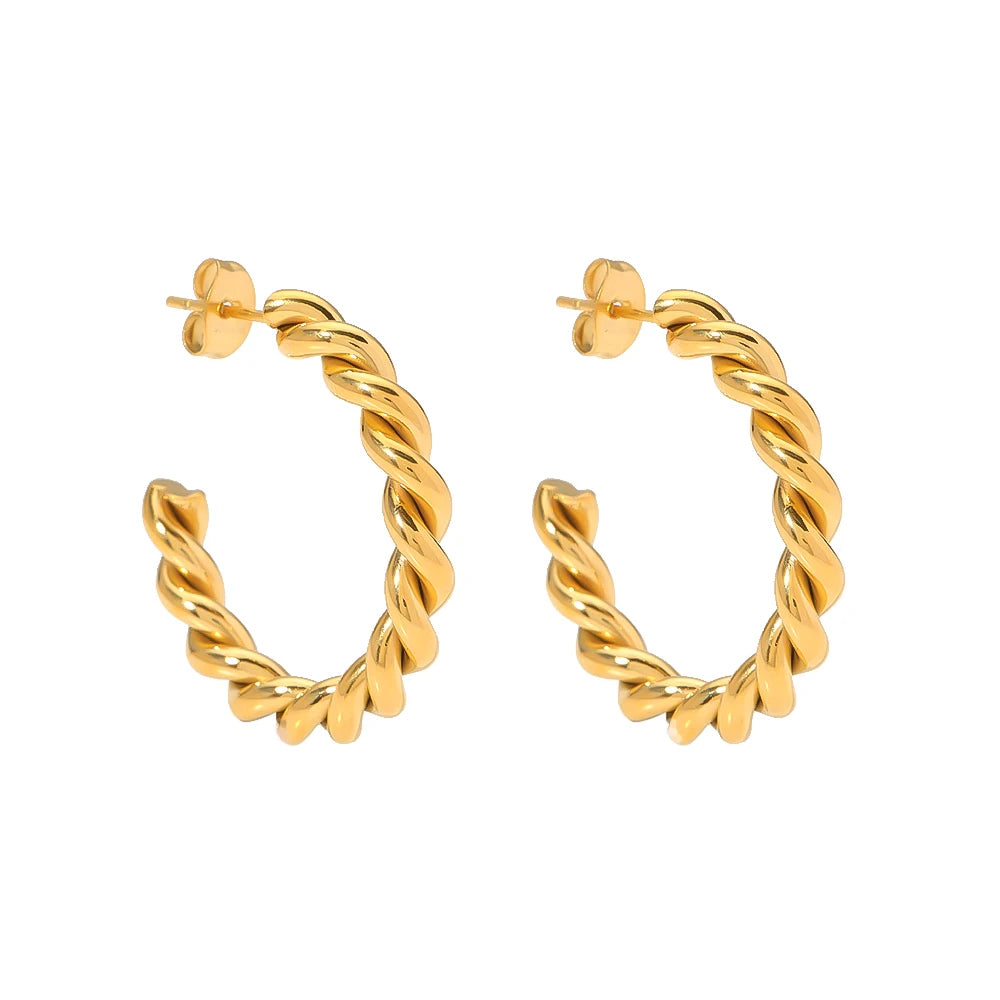 Simple Twisted CC Hoop Earrings for Girls Classic Stainless Steel 18K Gold PVD Plating Trendy Geometric Daily Wear