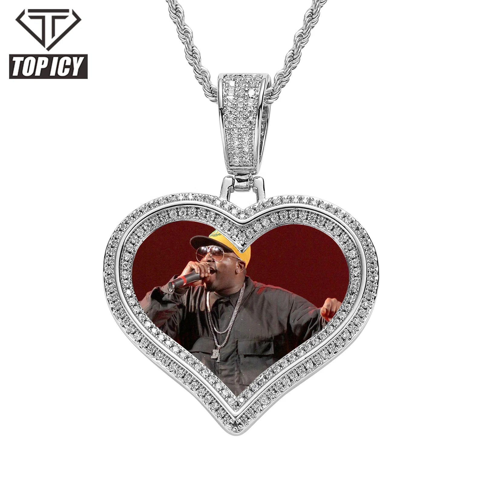 New Luxury Hip Hop Custom Picture Photo Pendant 2 Rows 3A CZ Heart Pendant Gold Plated Necklace Pendant Jewelry