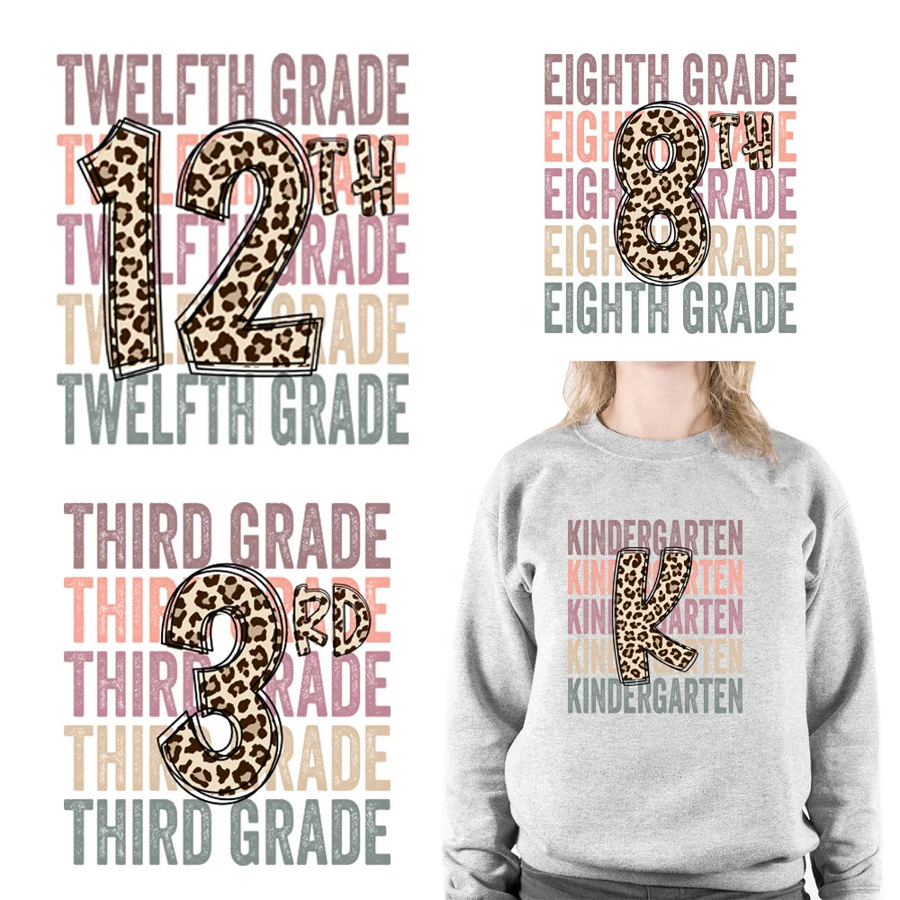 Hot Sale Back to School Custom Iron on Decals Leopard School Daycare Ready to Press DTF Print Heat Transfers for T Shirt