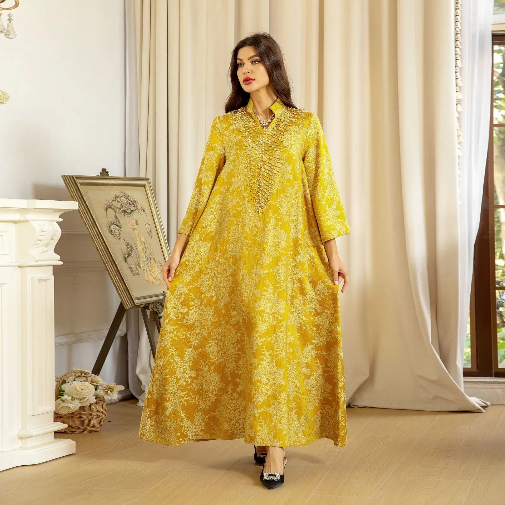 Muslim Ramadan Eid Embroidery Beading Casual Abaya for Women Jalabiyat Gulf Long Sleeve Evening Gown