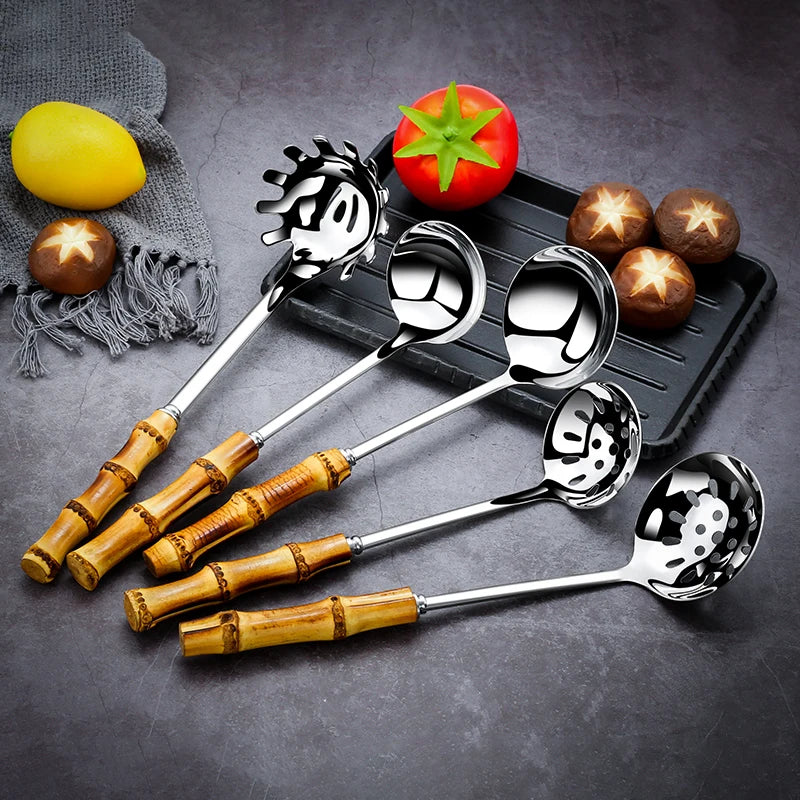 Stainless Steel Brown Gold Soup Spoon Set with Bamboo Handle Kitchen Utensils for Home Restaurant Use Scoops