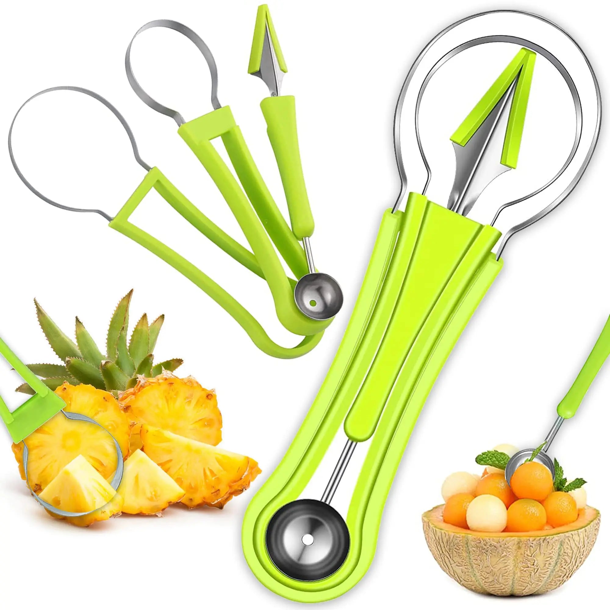 4 in 1 Melon Baller Scoop Set Stainless Steel Watermelon Cutter Fruit Carving Tools Set for Dig Pulp Separator