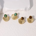 Beimai OEM French Vintage Ribbed Fan-Shaped Stainless Steel Stud Earrings with Natural Stones Trendy Party Accessory
