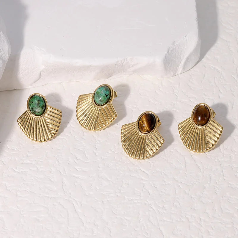 Beimai OEM French Vintage Ribbed Fan-Shaped Stainless Steel Stud Earrings with Natural Stones Trendy Party Accessory