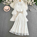 Set of Women's Fashionable Hollow Out Hook Flower Lace Lantern Sleeve Shirt+high Waisted Swing Skirt