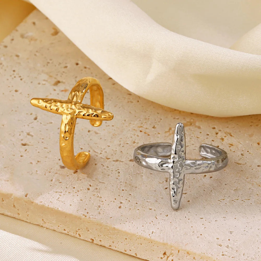 European American Fashion Popular Hip Hop Punk Gold Silver Stainless Steel Open Cross Ring