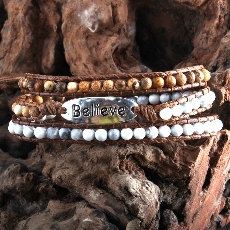 Women Boho Arm Bander Natural Howlite Pic Jasper Stone Amazonite Faith Bracelet 3 Strand Believe Word Letter Charm Wrap Bracelet