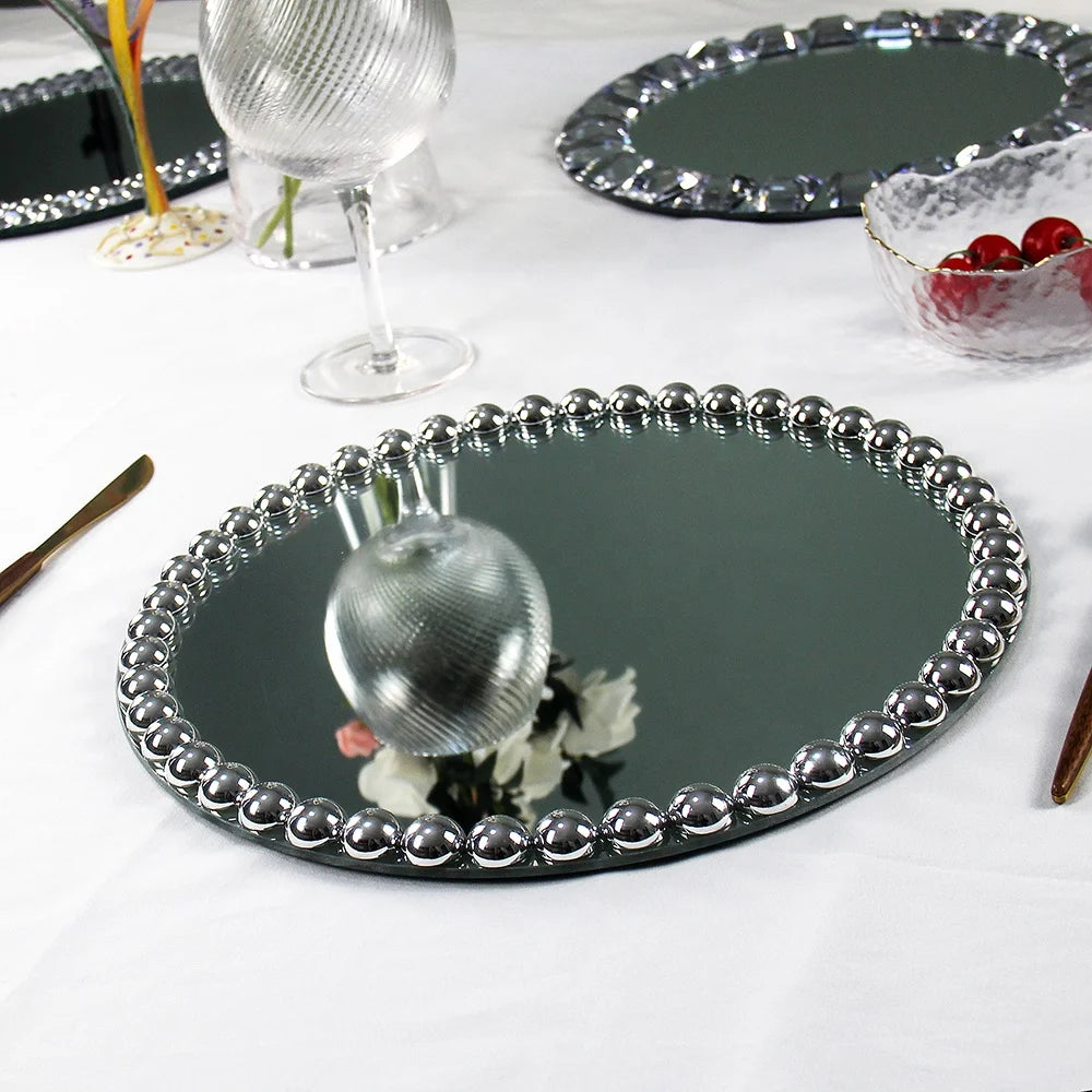 Hot Selling Cheap 13inch Custom Mirror Surface Chargers with Beads Diamonds Rim Fruit Wedding Plates Glass