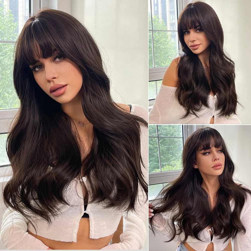 Wholesale Manufacturer Nice Long Curly Synthetic Hair Wigs Transparent Ready-Made Wavy Wigs for Black Women Cheap Bangs Vendor