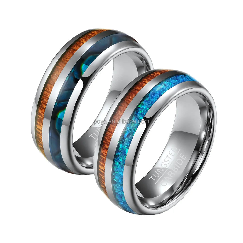 Poya Ready to Ship Men's Engagement Wedding Band Domed Tungsten Ring With Abalone Shell Wood Opal Inlay
