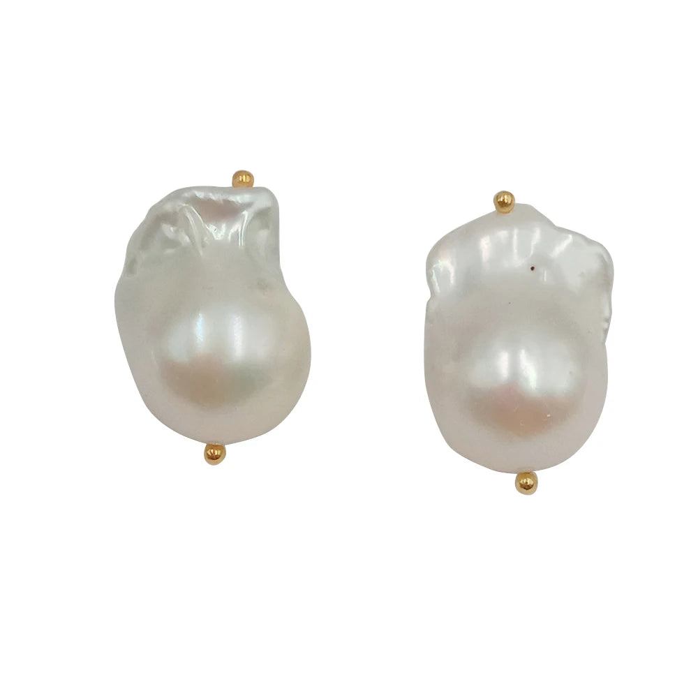 13-17 MM Big Baroque Nature Freshwater Pearl Stud Earrings .925 Silver Gold Color Plating Earring Hook