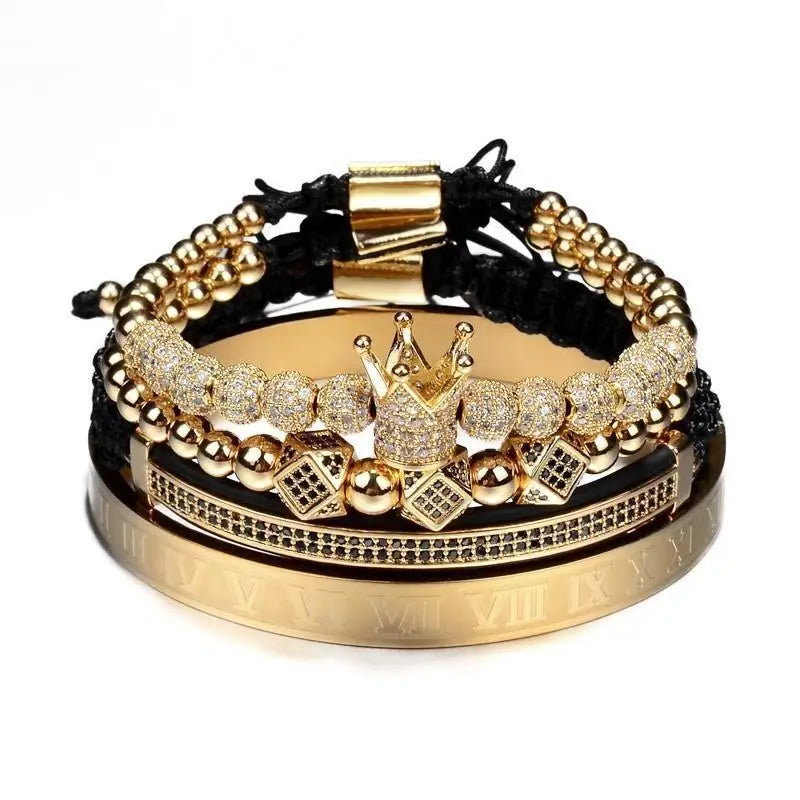 Gold Color Men's 4Pcs/Set CZ Zircon Luxury Crown Bracelet Set Stainless Steel Roman Numbers Bangle Braided Macrame Bracelet