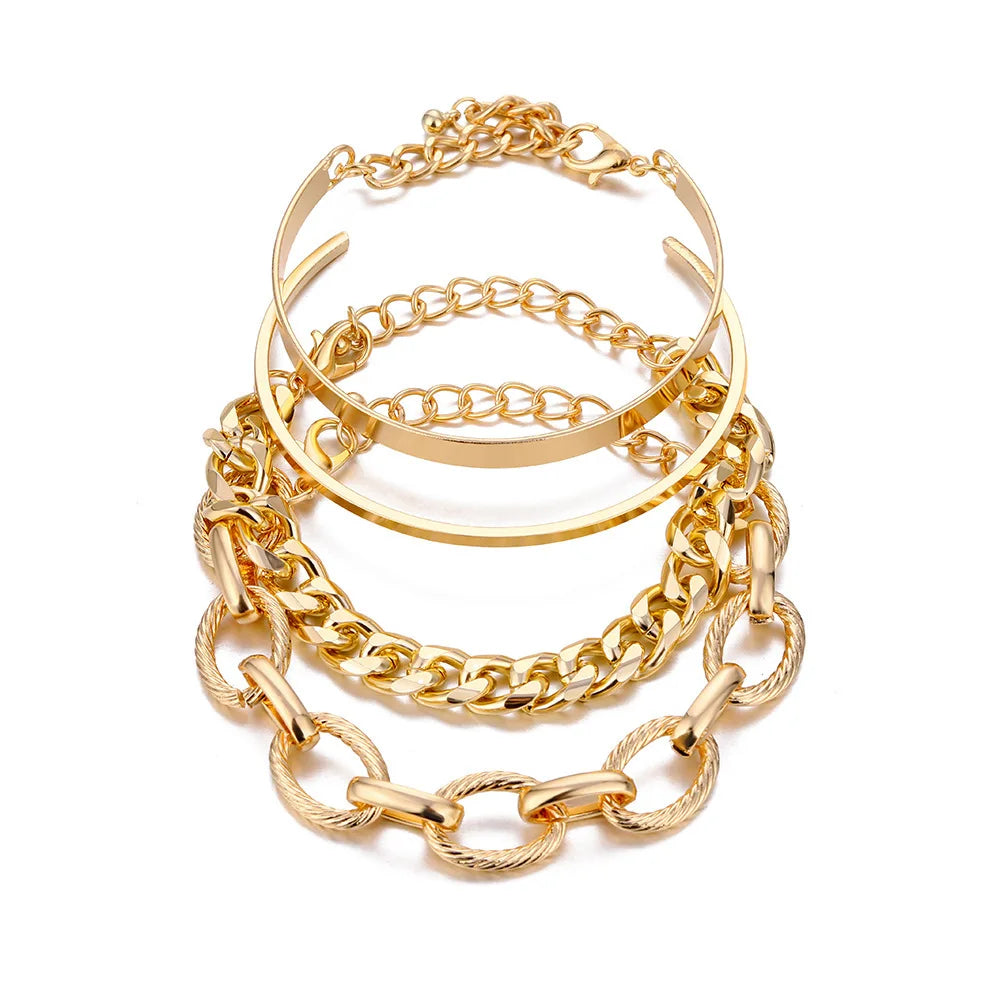 4pcs Set Vintage Twist Chain Cross Chain Combination Bracelet Snake Bone Chain Bracelet 18k Gold Plated Jewelry for Women