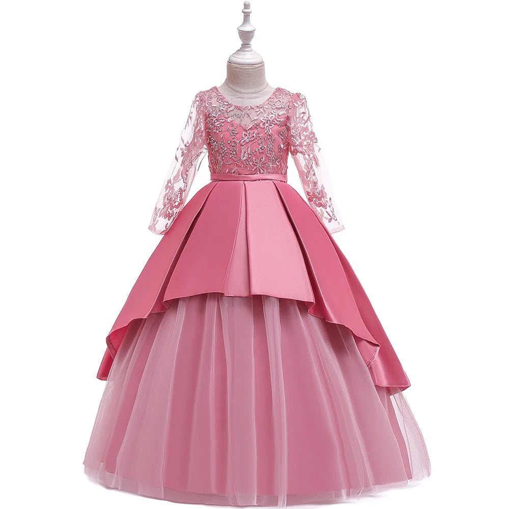Elegant Girls Party Dresses for Weddings Floral Satin Formal Kids Summer Clothes for Children's Birthday Parties