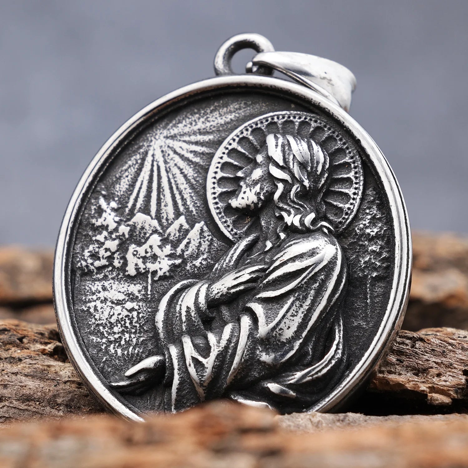 Rock Roll Stainless Steel Vintage Mens Christ Jesus Head Pendant Crown of Thorn Crucifix Pendant Necklace