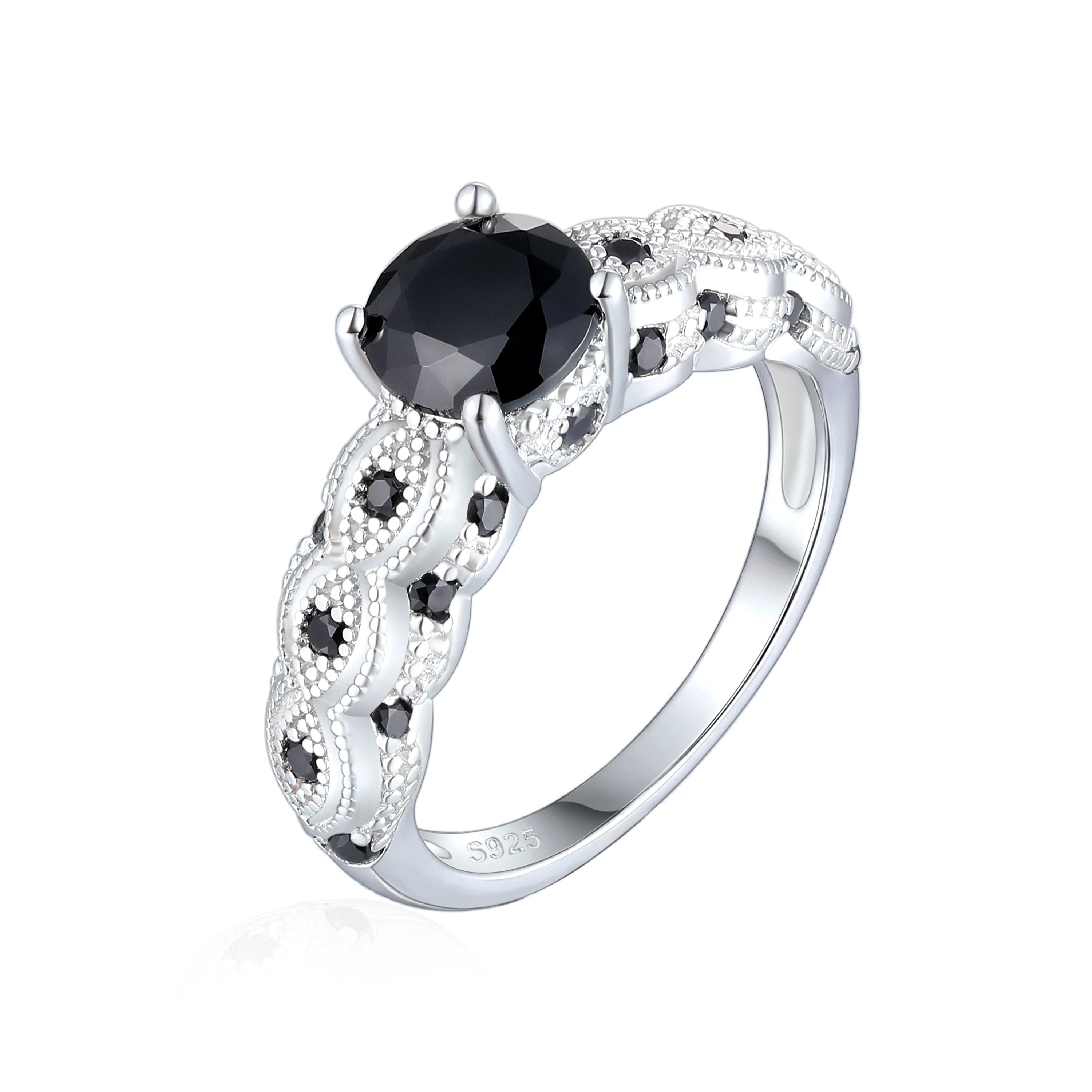 925 Sterling Silver Jewelry Black Stone Wedding Rings for Women Zircon Engagement Ring