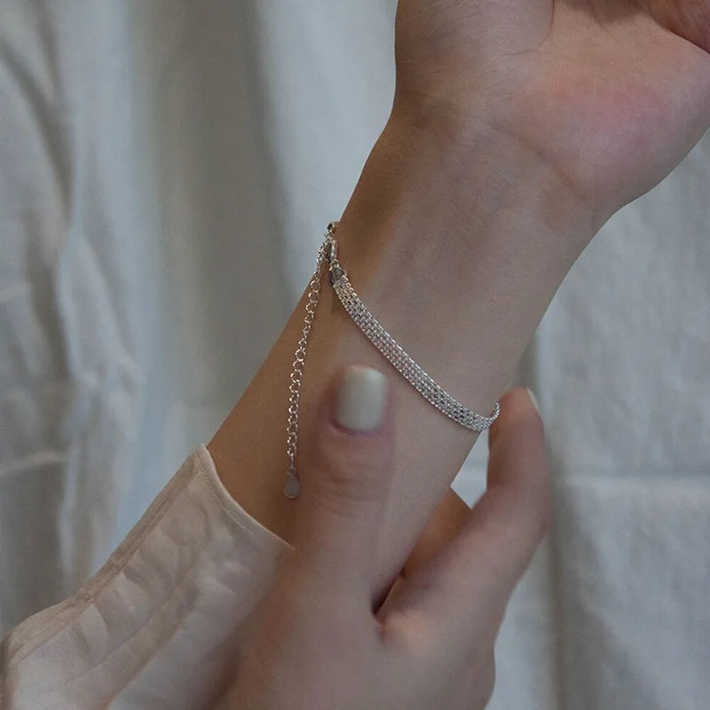 Vintage Korea Simple Fashion Pure 925 Sterling Silver Wide Woven Chain Bracelets for Women Girls Jewelry