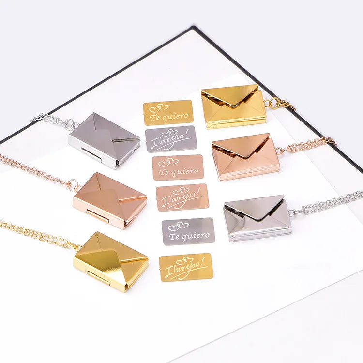 18K Gold Stainless Steel Clavicle Chain Custom Letter & Words Metal Postcard Openable Love Envelope Fashion Pendant Necklace
