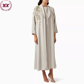 Modest Embroidery Open Abaya Beading Cardigan Muslim Women Dress Two Pieces Winter Abaya Maxi Dress OEM Service Long Sleeve