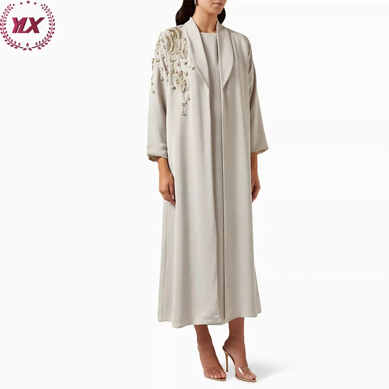Modest Embroidery Open Abaya Beading Cardigan Muslim Women Dress Two Pieces Winter Abaya Maxi Dress OEM Service Long Sleeve