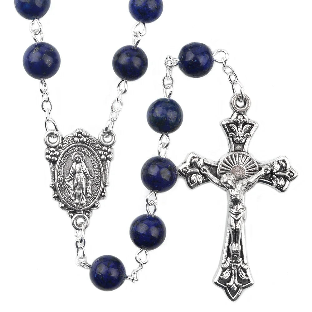 Virgin Mary 8mm Lazurite Lapis Blue Stone Beads Religious Cross Necklace with Box Catholic Rosary