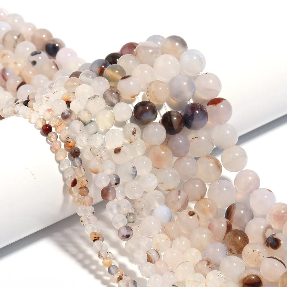 Ocean Black White Flower Agate Loose Round Beads Strands Smooth Gemstone Semi-finished DIY Jewelry Necklace Bracelet Accessory MegaBDM