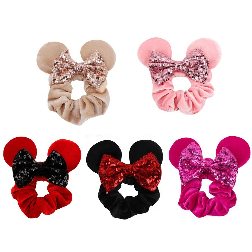 New Designer Velvet Hair Scrunchies Girl Cute Mouse Ears Sequin Bow Elastic Hair Tie
