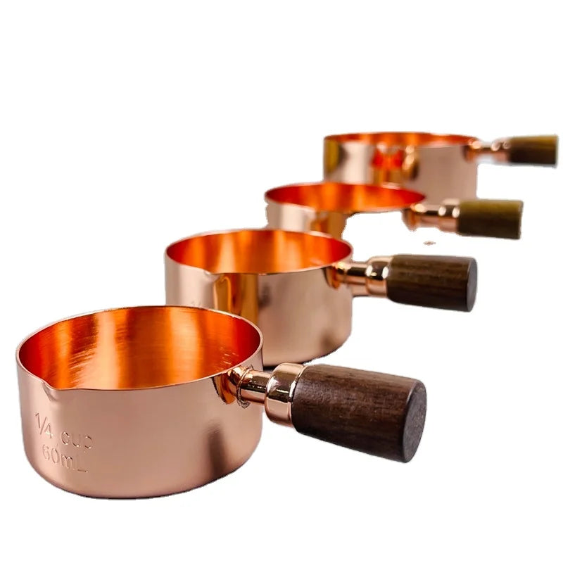 Kitchen Accessories 4Pcs Eco-Friendly Stainless Steel Rose Gold Measuring Cups with Wooden Handle