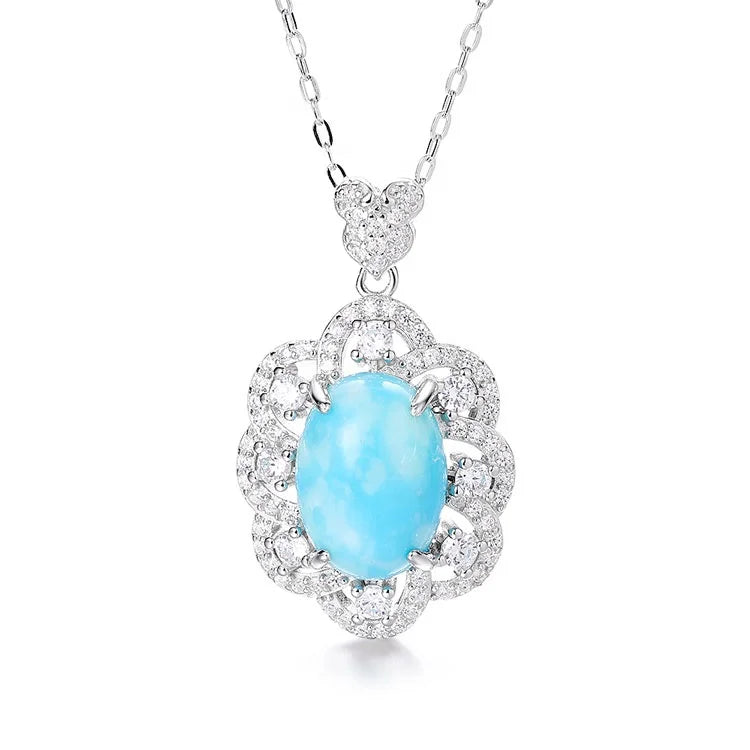 Real Silver 925 Yaeno Dahlia Flower Set With Larimar Stone Pendant Necklace for Women
