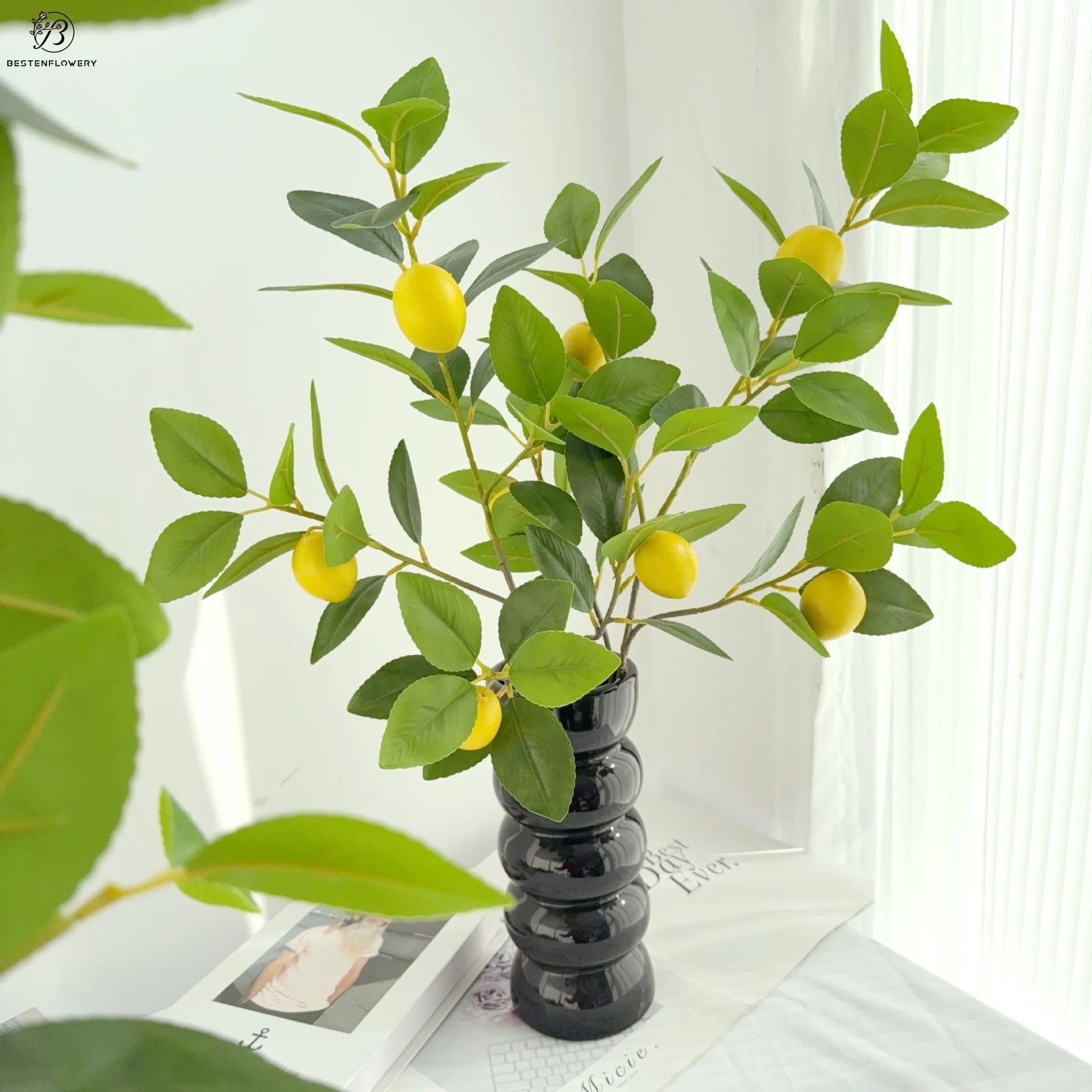 Hot Seller Single Long Stem Real Touch Green Leaf Artificial Lemon Tree Branches with Plastic Lemon Fruits for Home Indoor Decor
