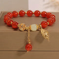 Red Agate Gold Branch and Jade Leaf Bracelet Natural 8MM Crystal Gemstone Tumble Beads Gold Leaf Handmade Link Bracelet