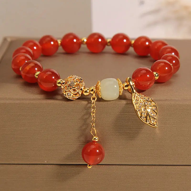Red Agate Gold Branch and Jade Leaf Bracelet Natural 8MM Crystal Gemstone Tumble Beads Gold Leaf Handmade Link Bracelet