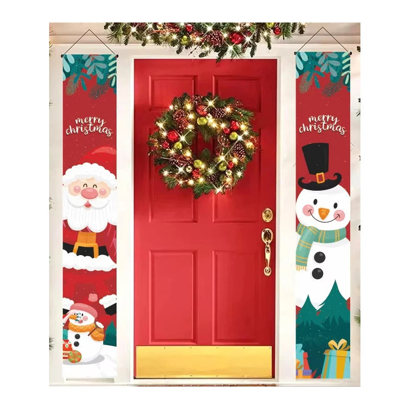Happy Christmas Couplets Porch Front for Door Hanging Decor Wall Outdoor Welcome Banners